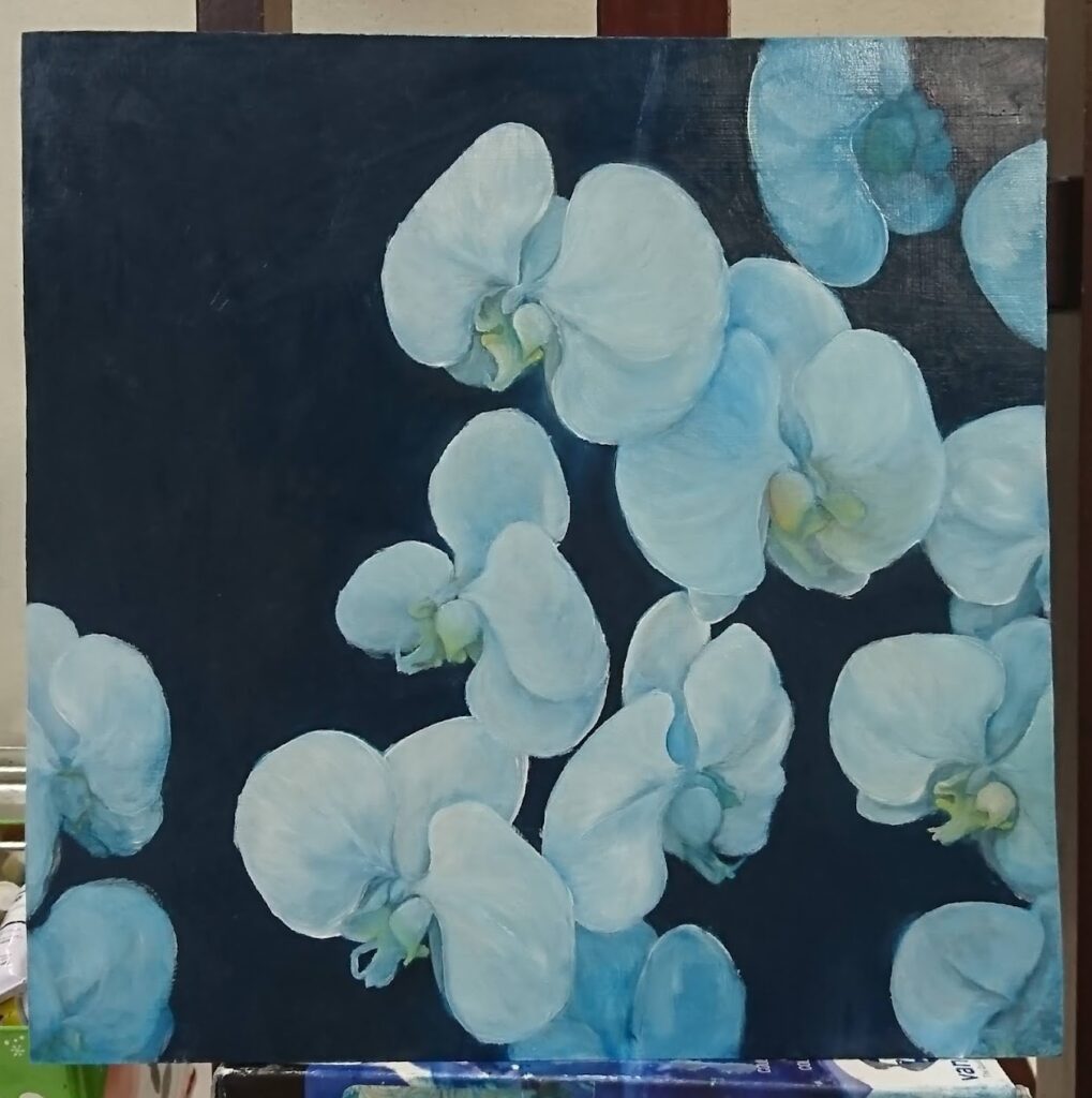 胡蝶蘭の油彩画　途中